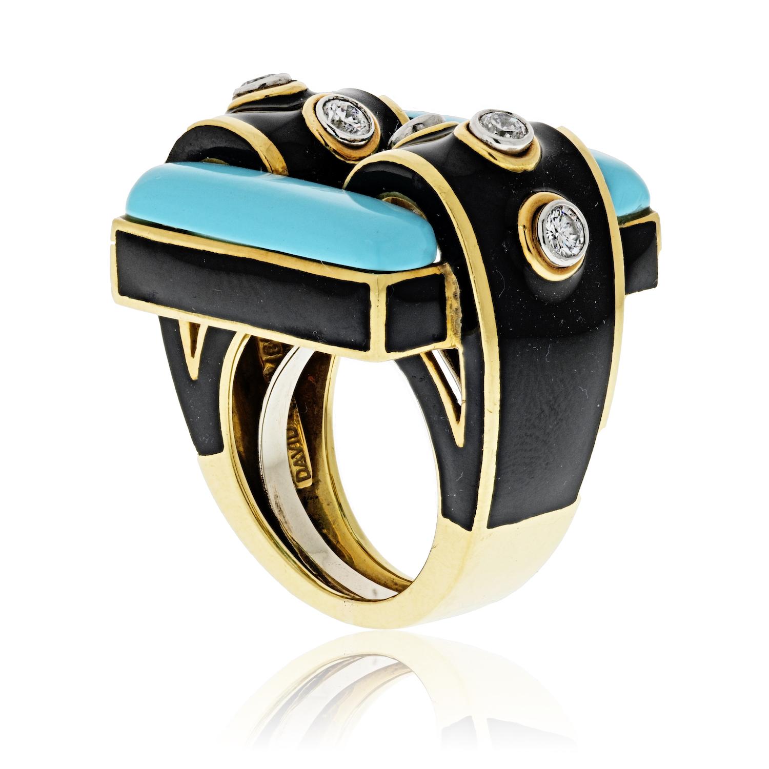 Modern David Webb Yellow Gold Domino Turquoise Black Enamel Diamond Ring