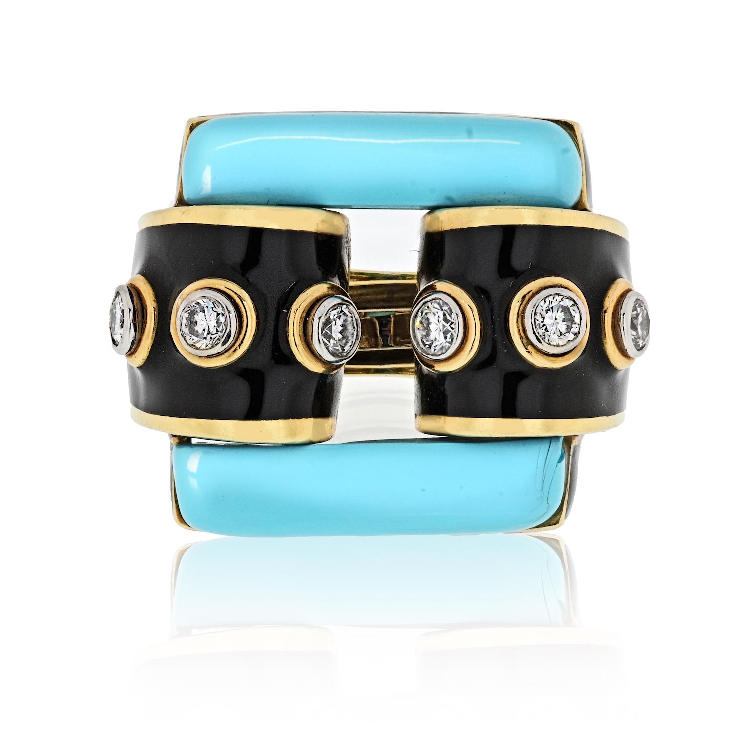 David Webb Yellow Gold Domino Turquoise Black Enamel Diamond Ring In Excellent Condition In New York, NY