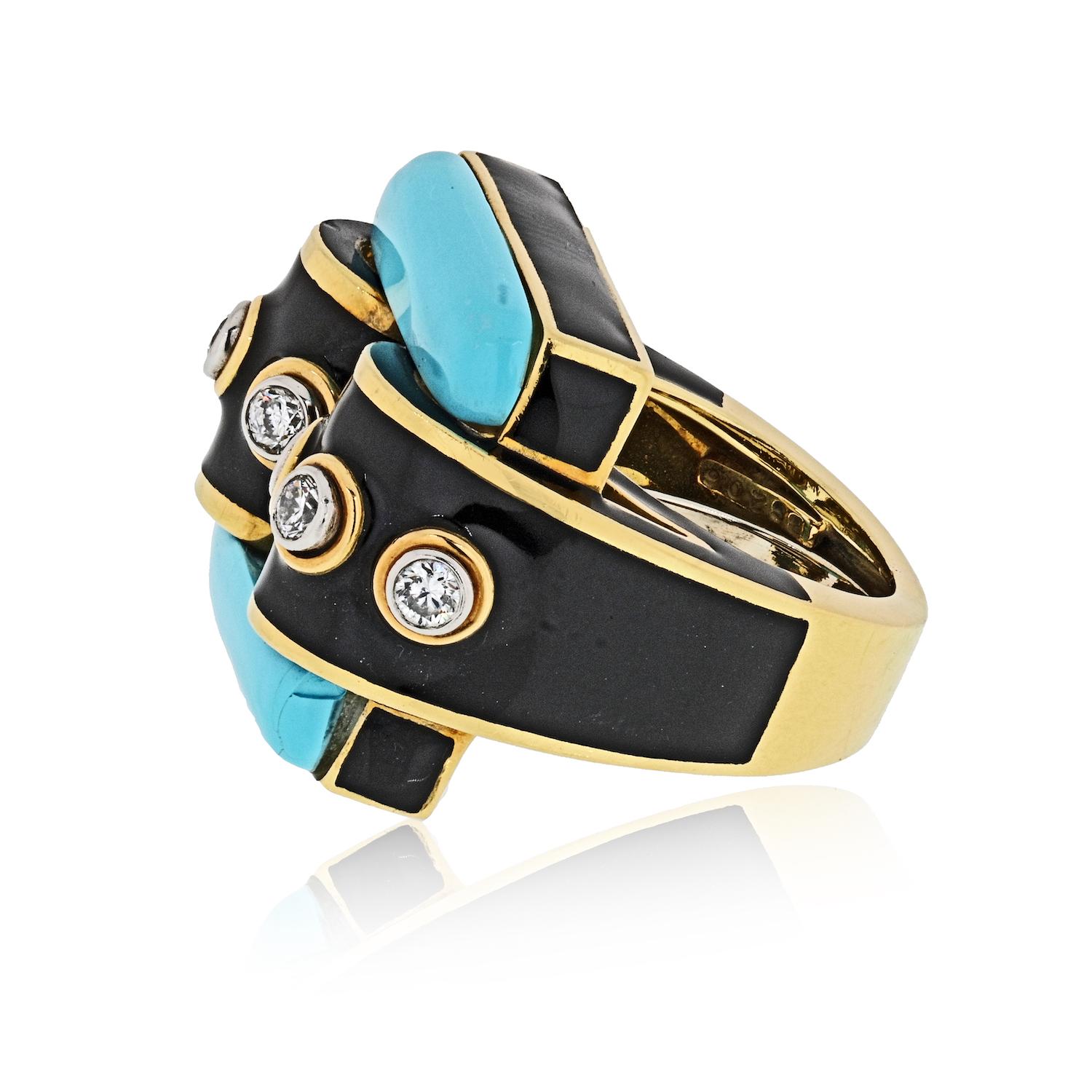 Women's David Webb Yellow Gold Domino Turquoise Black Enamel Diamond Ring