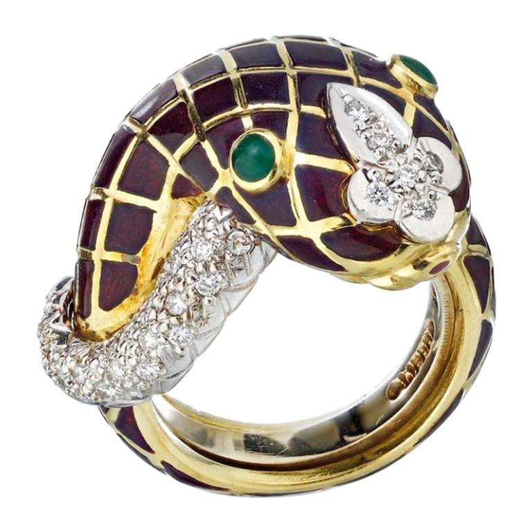 David Webb Yellow Gold Enamel Emerald Eyes Diamond Ring