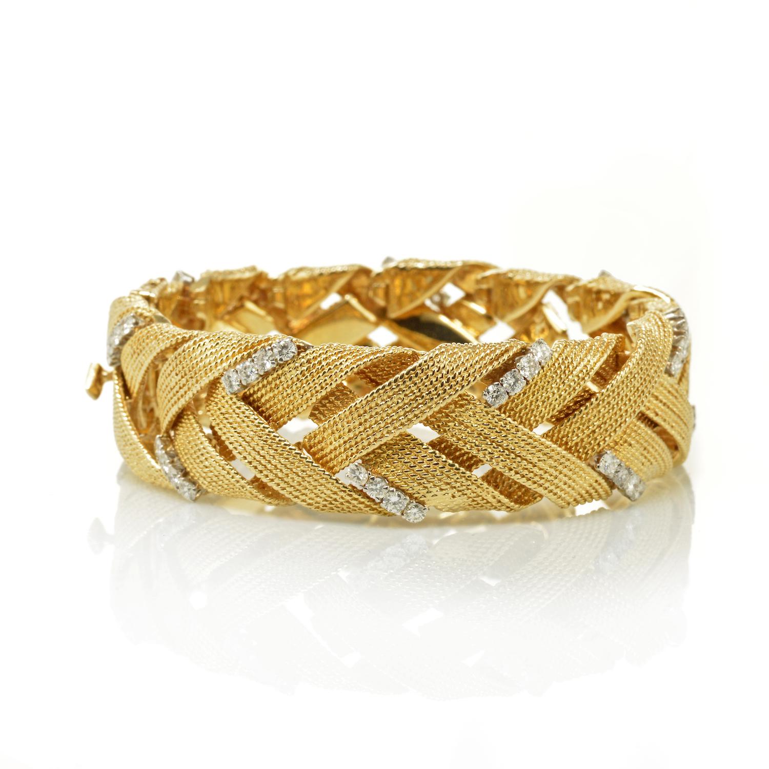 Women's David Webb 18K Yellow Gold 3.00 Carat Diamond Woven Estate Bracelet