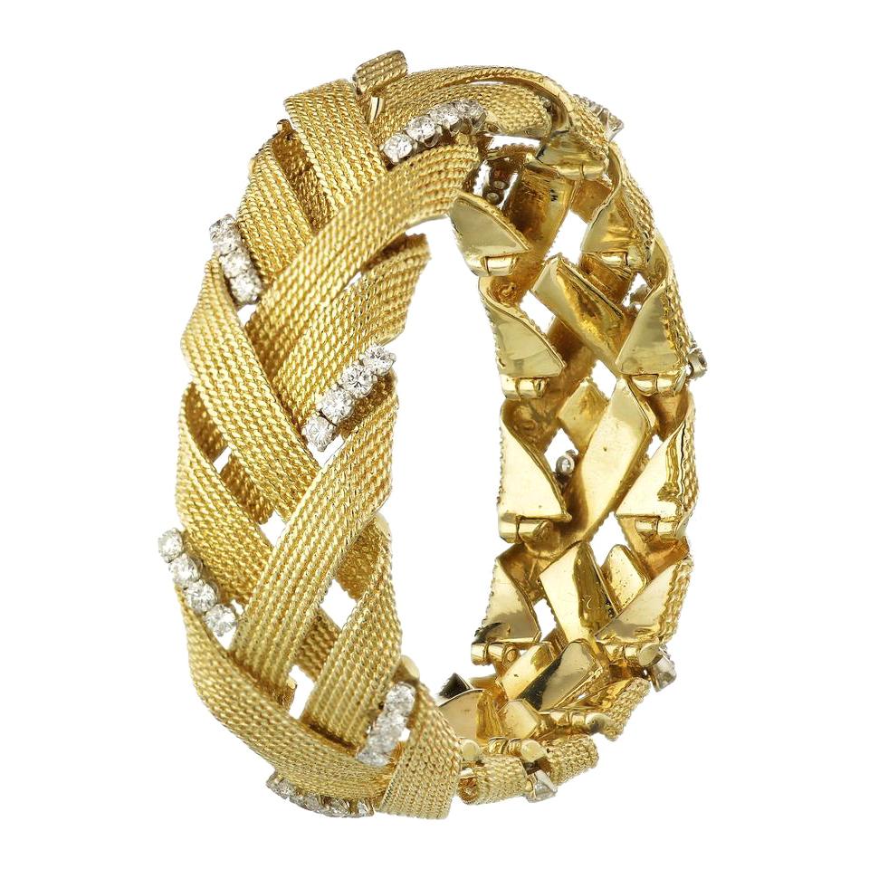 David Webb 18K Yellow Gold 3.00 Carat Diamond Woven Estate Bracelet