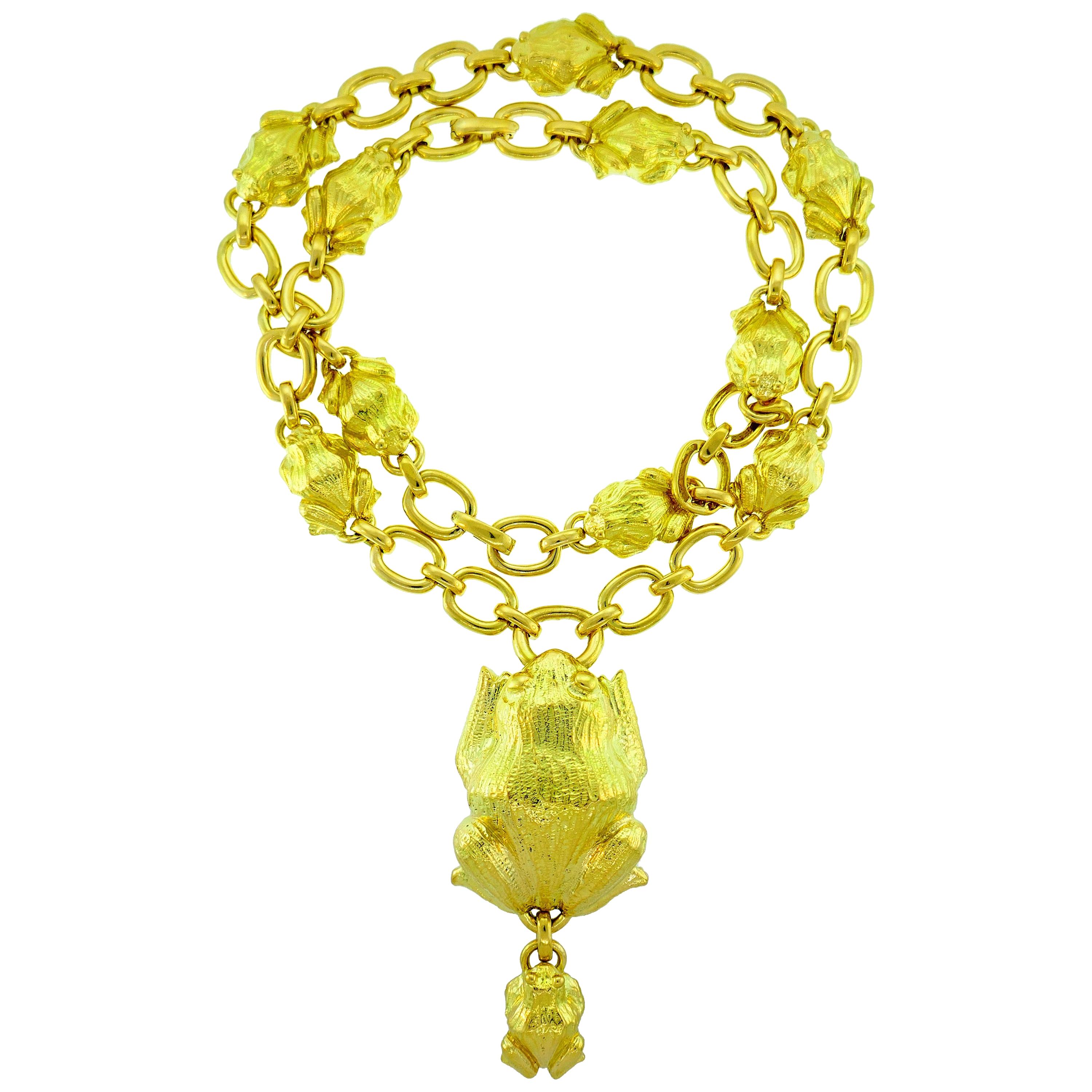 David Webb Yellow Gold Frog Chain Necklace, 1980s