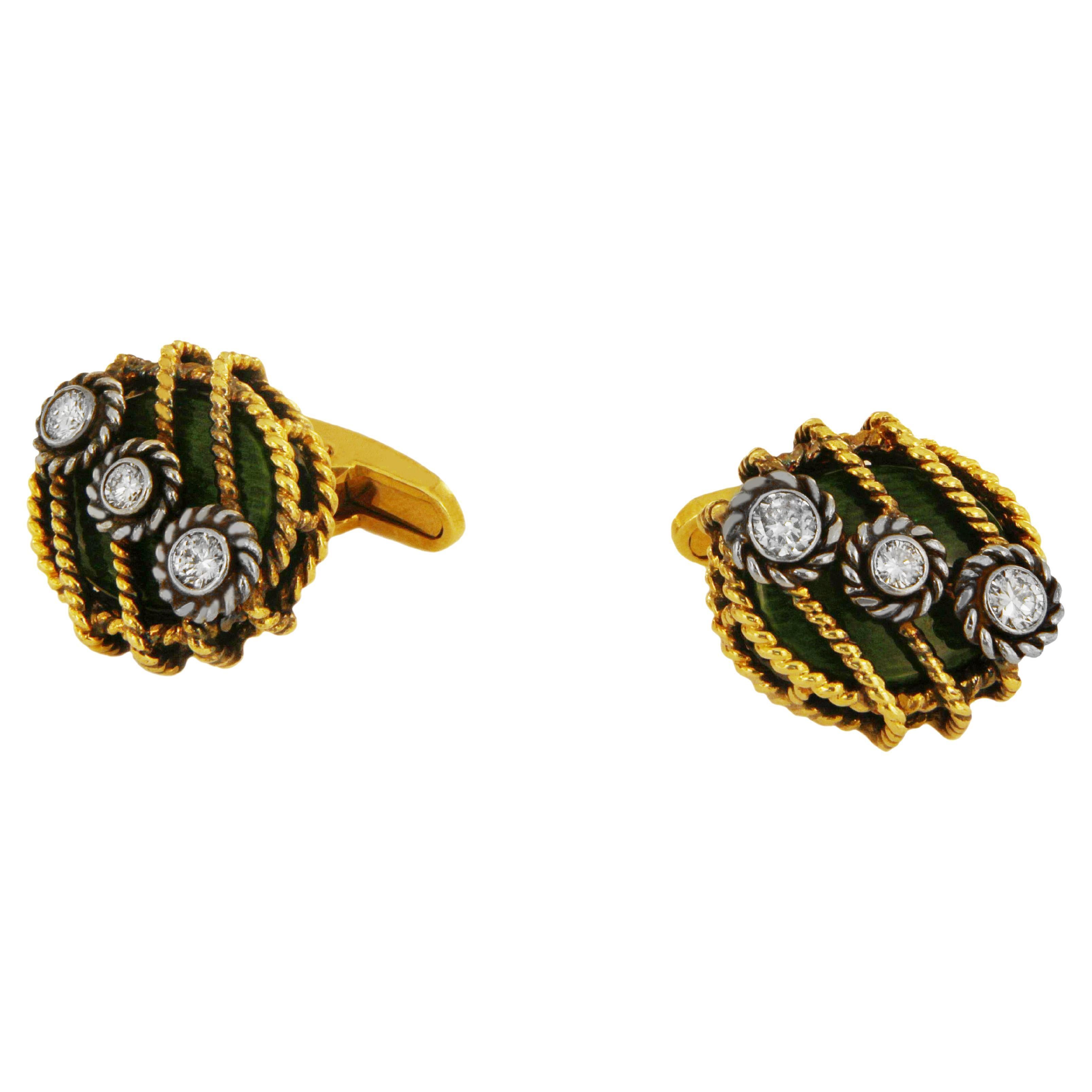 David Webb Yellow Gold Green Enamel & Diamond Cufflinks