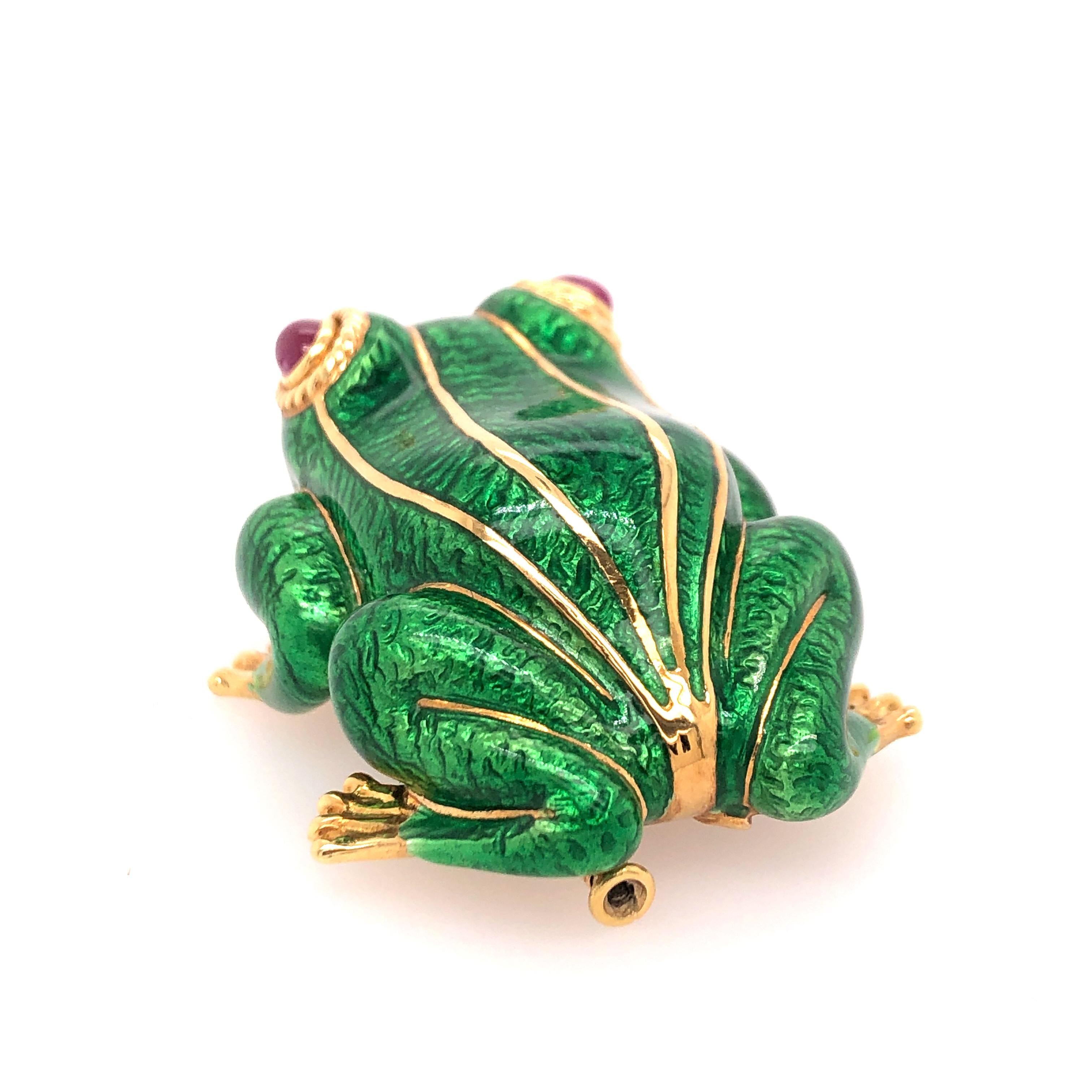 Women's David Webb Yellow Gold Green Enamel Frog Pin