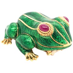 David Webb Yellow Gold Green Enamel Frog Pin