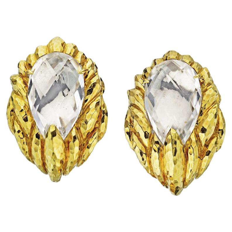 David Webb Yellow Gold Hammered 18 Karat Quartz Clip-On Earrings For Sale