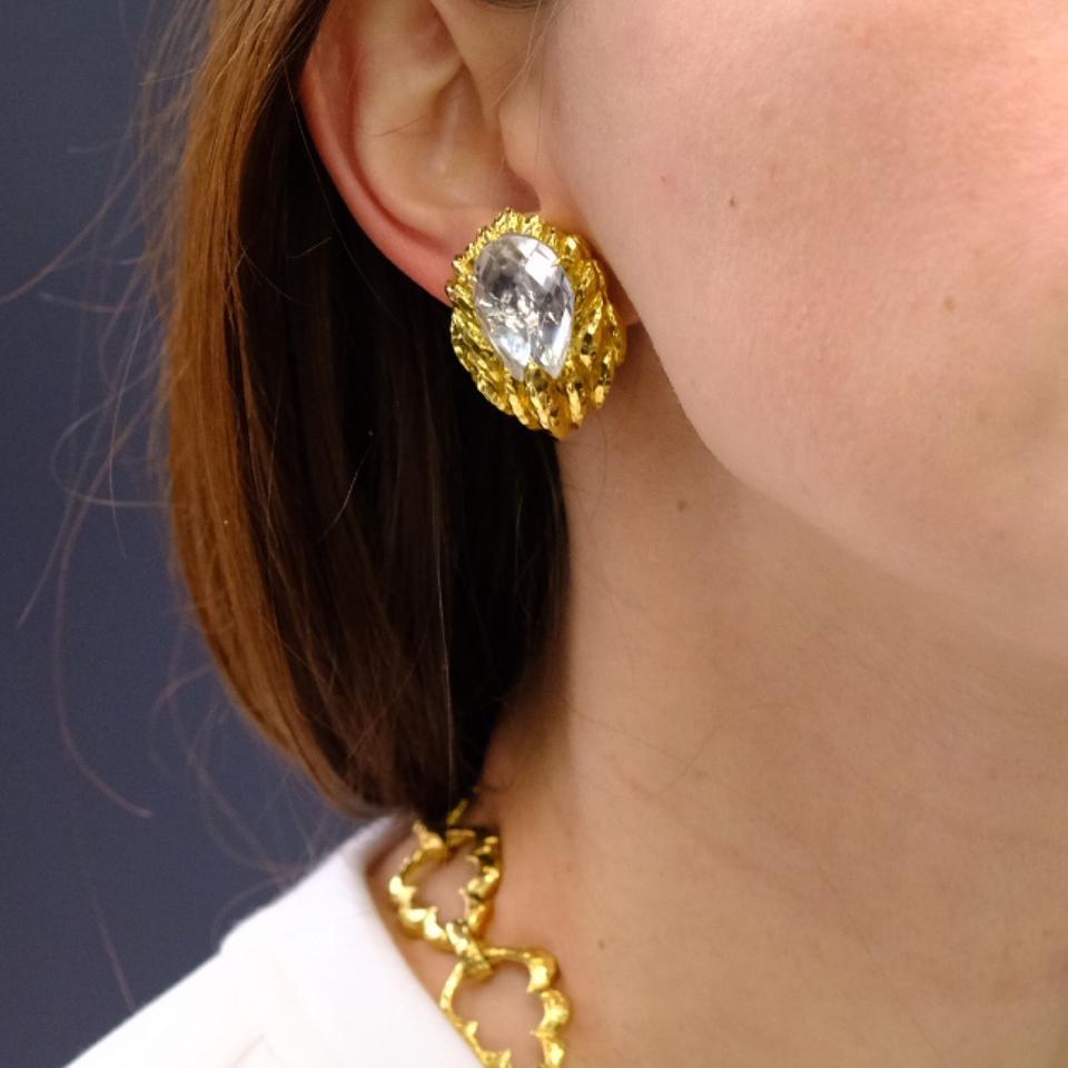 Modern David Webb Yellow Gold Hammered 18 Karat Quartz Clip-On Earrings For Sale