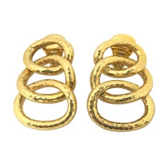 David Webb Yellow Gold Hammered Triple Hoop Earrings