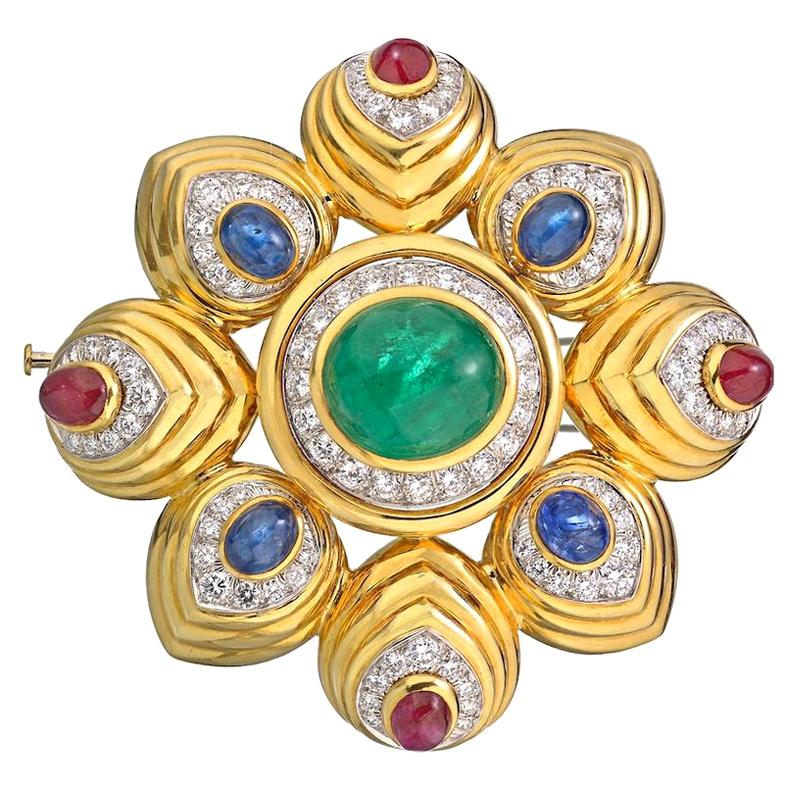 David b Yellow Gold Large Cabochon Gem Combination Pendant Brooch at