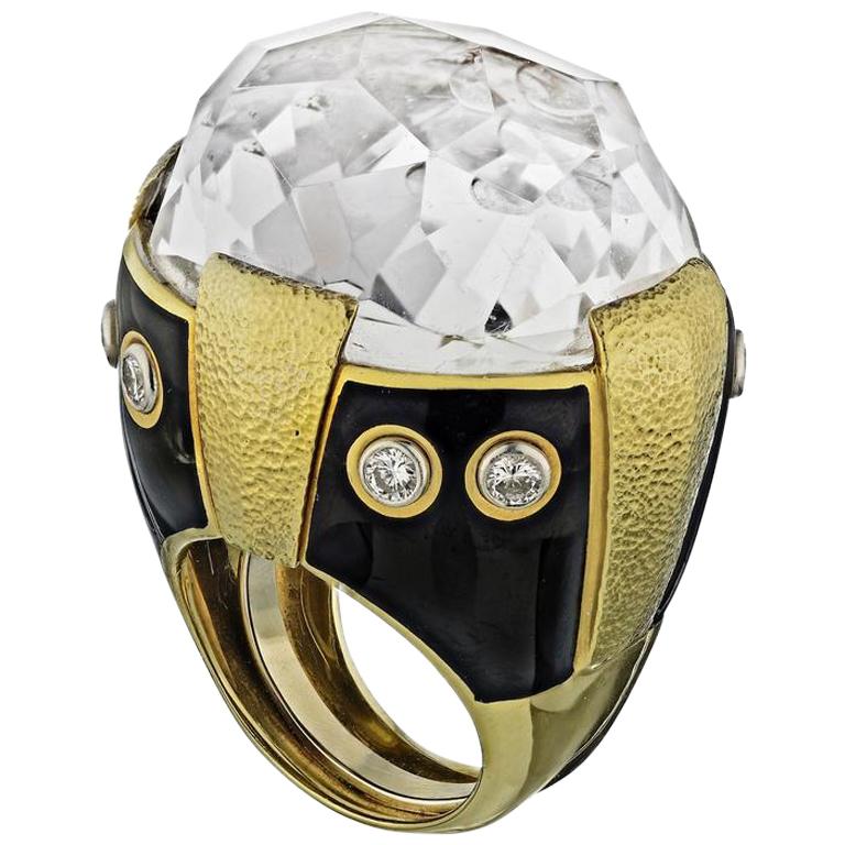 David Webb Yellow Gold Large Rock Crystal Black Enamel Hammered Ring