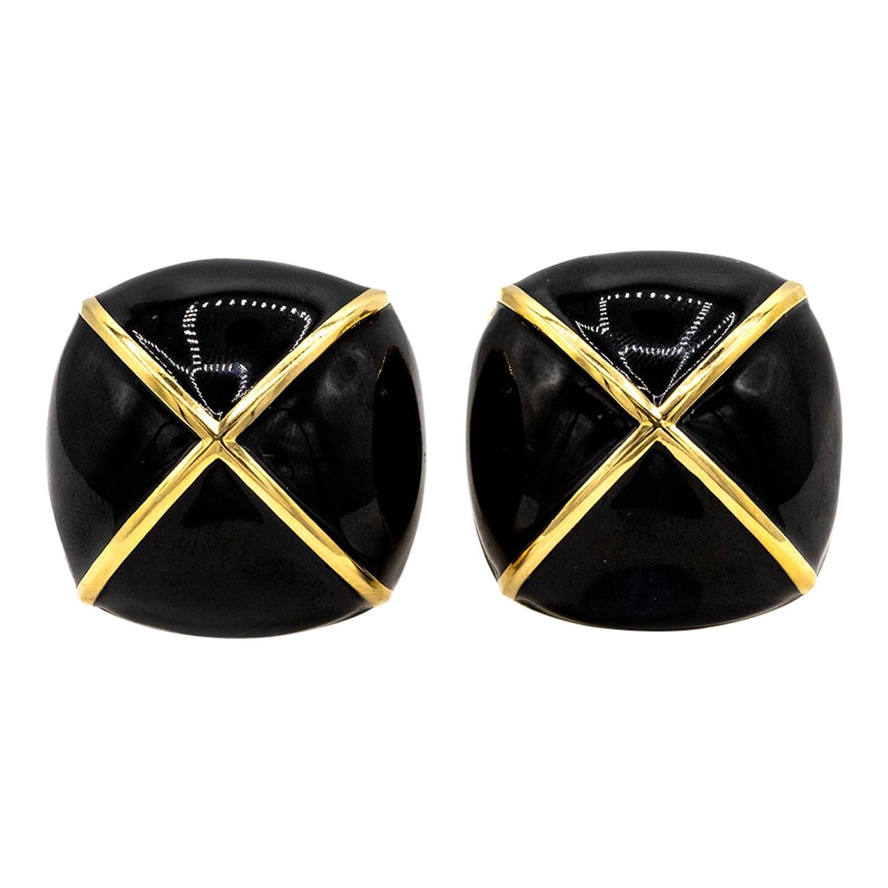 David Webb Yellow Gold Large Square Cushion Black Enamel Clip-Ons Earrings For Sale