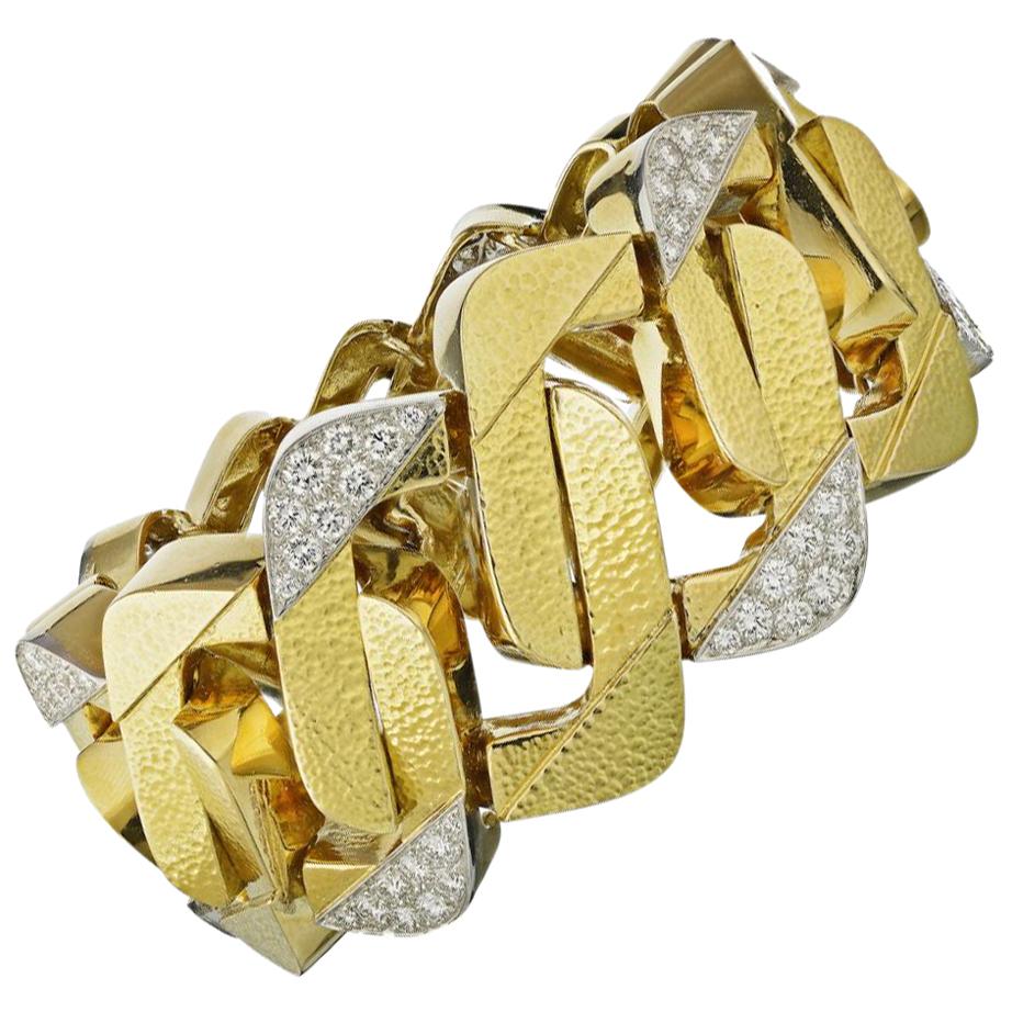 David Webb Yellow Gold Large Vintage Curb Style Link Diamond Bracelet
