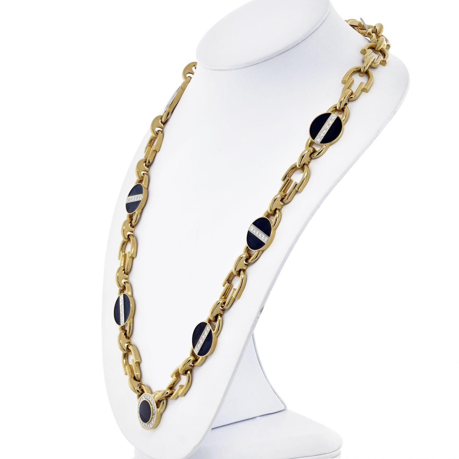 This estate David Webb 18k Yellow Gold chain exhibits the timeless allure of black enamel in jewelry. Black enamel is celebrated for its dark, moody, and bold character. It exudes confidence, mystery, and remarkable versatility in the emotions it