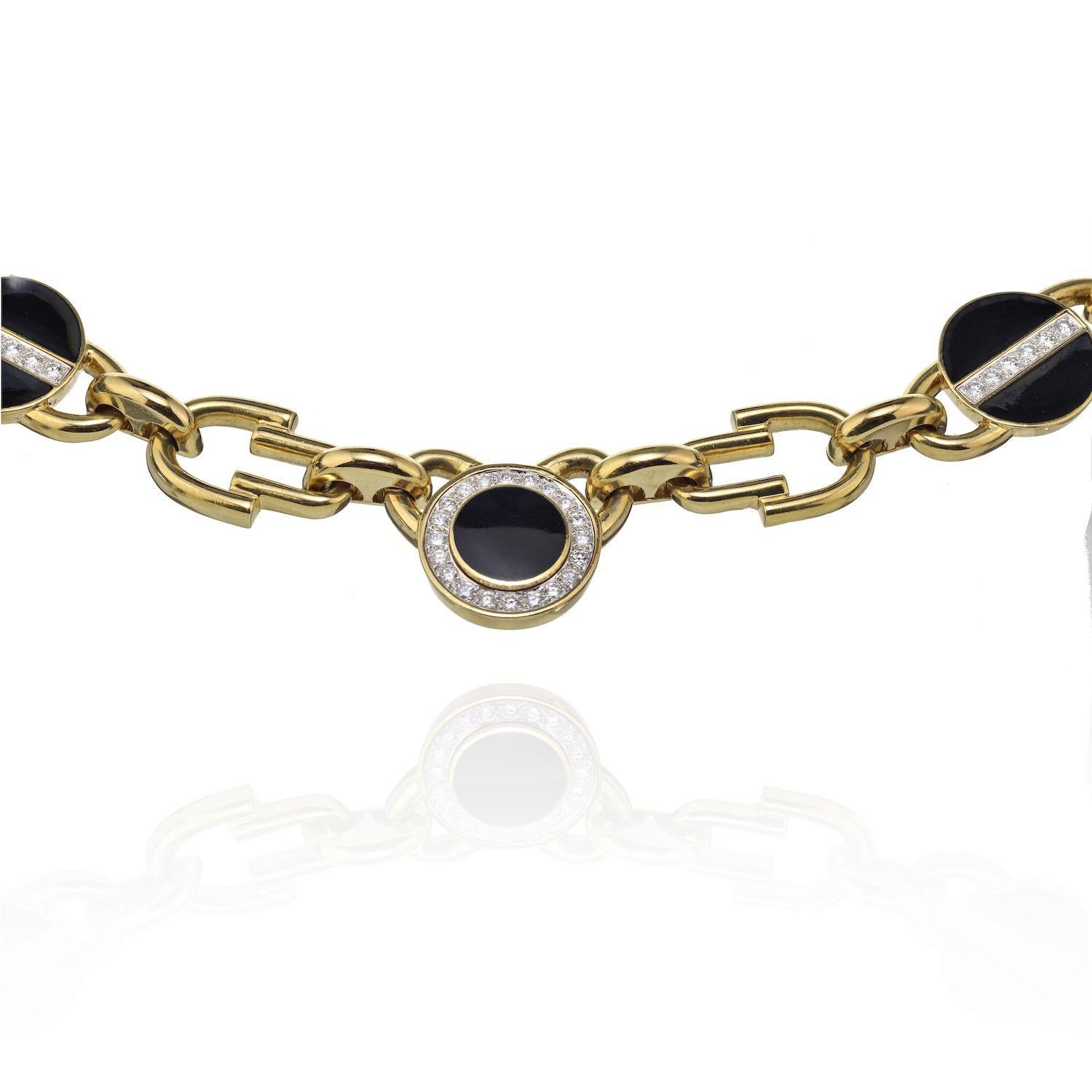 Round Cut David Webb Yellow Gold Link Black Enamel Diamond Chain Necklace For Sale