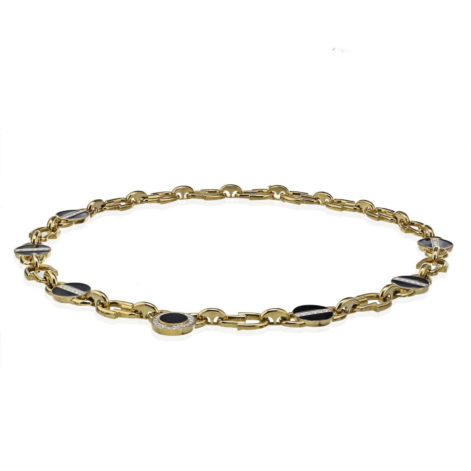 David Webb Yellow Gold Link Black Enamel Diamond Chain Necklace In Excellent Condition For Sale In New York, NY
