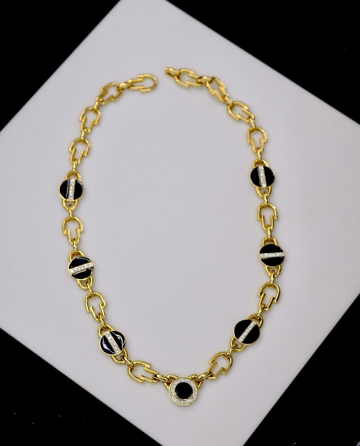 Women's or Men's David Webb Yellow Gold Link Black Enamel Diamond Chain Necklace For Sale