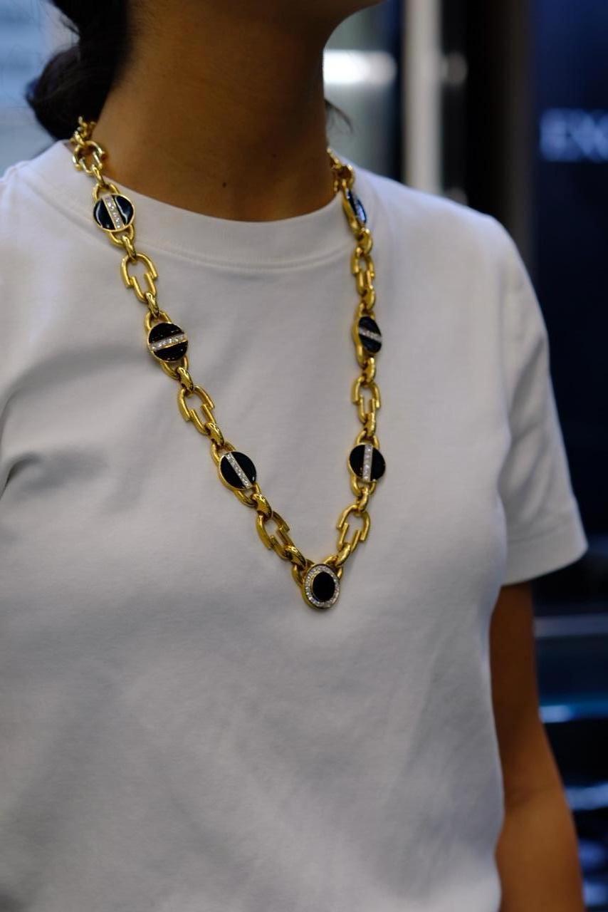 David Webb - Collier à maillons en or jaune avec diamants et émail noir en vente 3