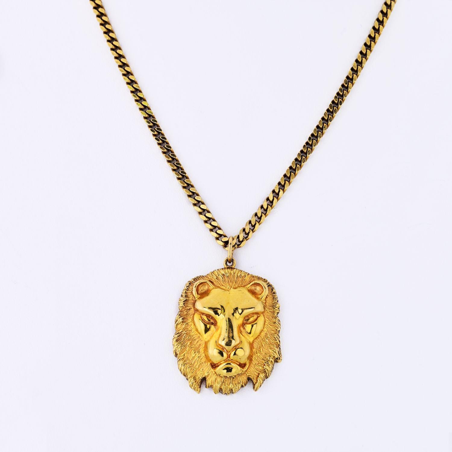 Vintage David Webb 18 Karat Yellow Gold Pendant Necklace with Detachable Lion Medallion Pendant. Pendant measures 36mm diameter; chain measures 23 inches long. 
Approx. weight: 50 grams. 