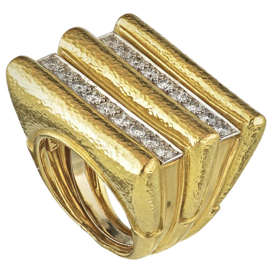 David Webb Yellow Gold Manhattan Minimalism Diamond Radiator Cocktail Ring