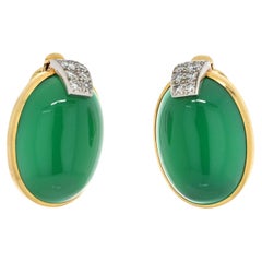 David Webb Yellow Gold Oval Cabochon Green Chrysophase And Diamond Clip Earrings