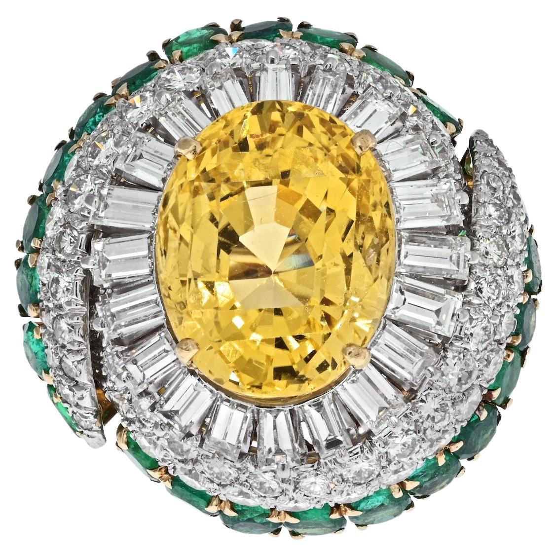 David Webb Ring aus Gelbgold mit gelbem Saphir im Ovalschliff, Diamant und grünem Smaragd