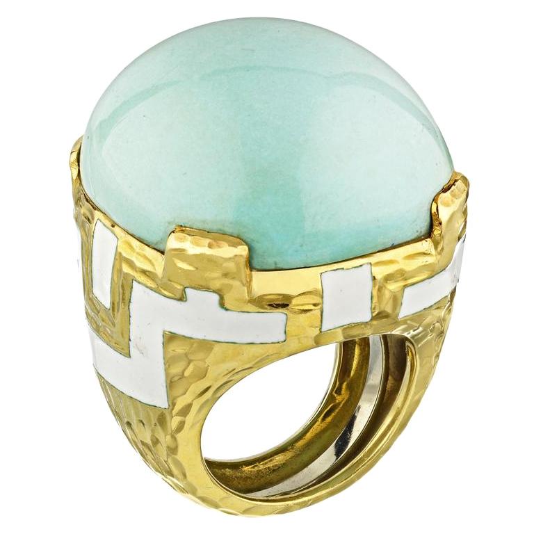 David Webb Yellow Gold Oval Turquoise Dome Hammer Finished Ring