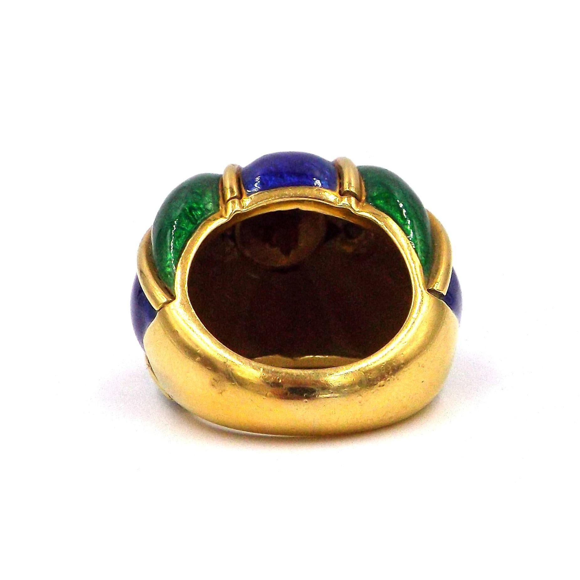 David Webb Yellow Gold Platinum Blue Green Enamel Diamond Dome Ring In Good Condition In New York, NY