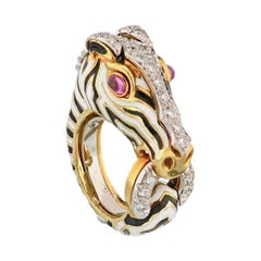 David Webb Yellow Gold Platinum Enamel Diamond and Cabochon Ruby Zebra Ring