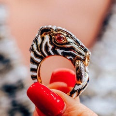 David Webb Yellow Gold Platinum Enamel Diamond and Cabochon Ruby Zebra Ring