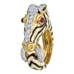 David Webb Yellow Gold Platinum Enamel Ruby and Diamond Zebra Ring