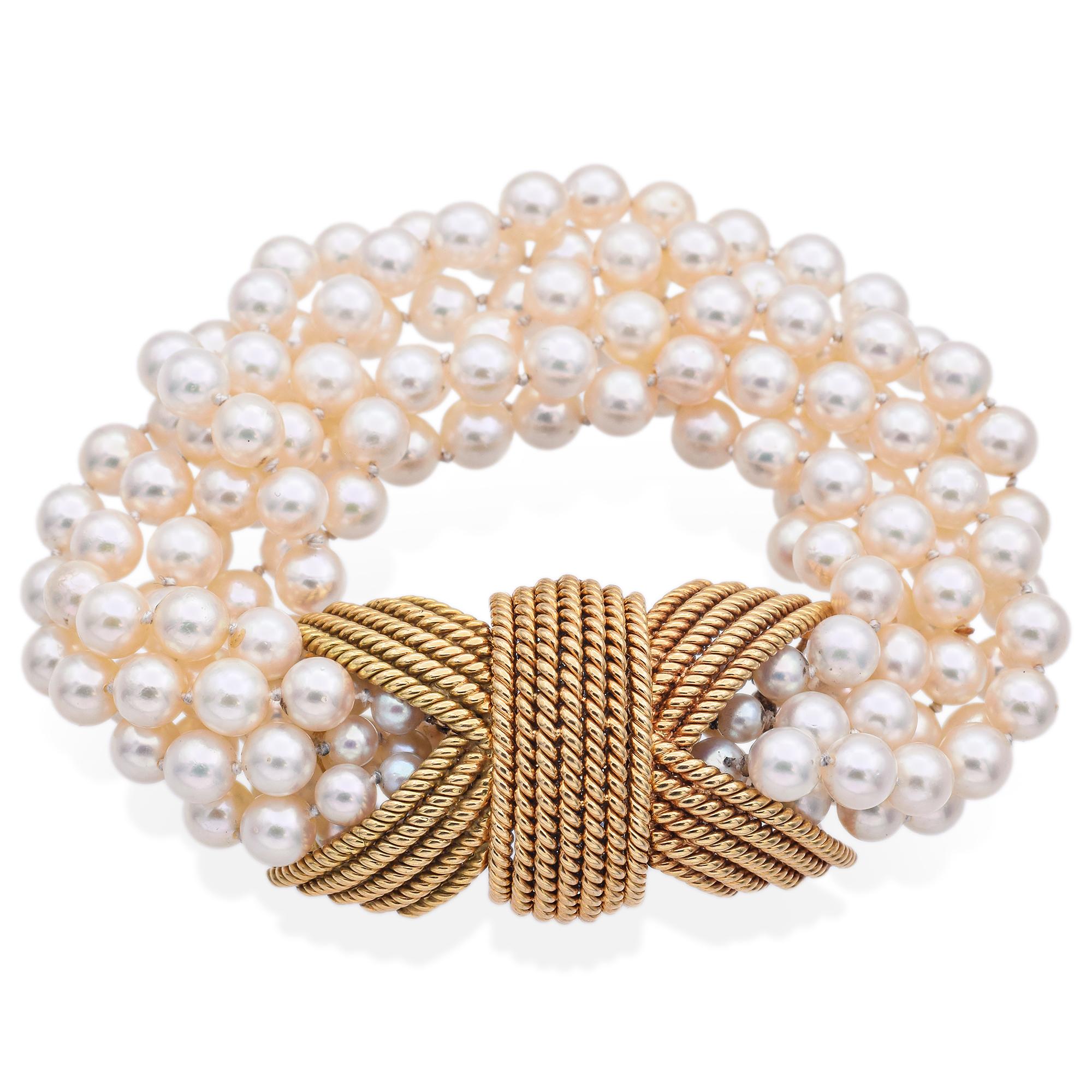 Women's David Webb Yellow Gold & Platinum Pearl & 1.50 TCW Diamond Multi-Strand Bracelet