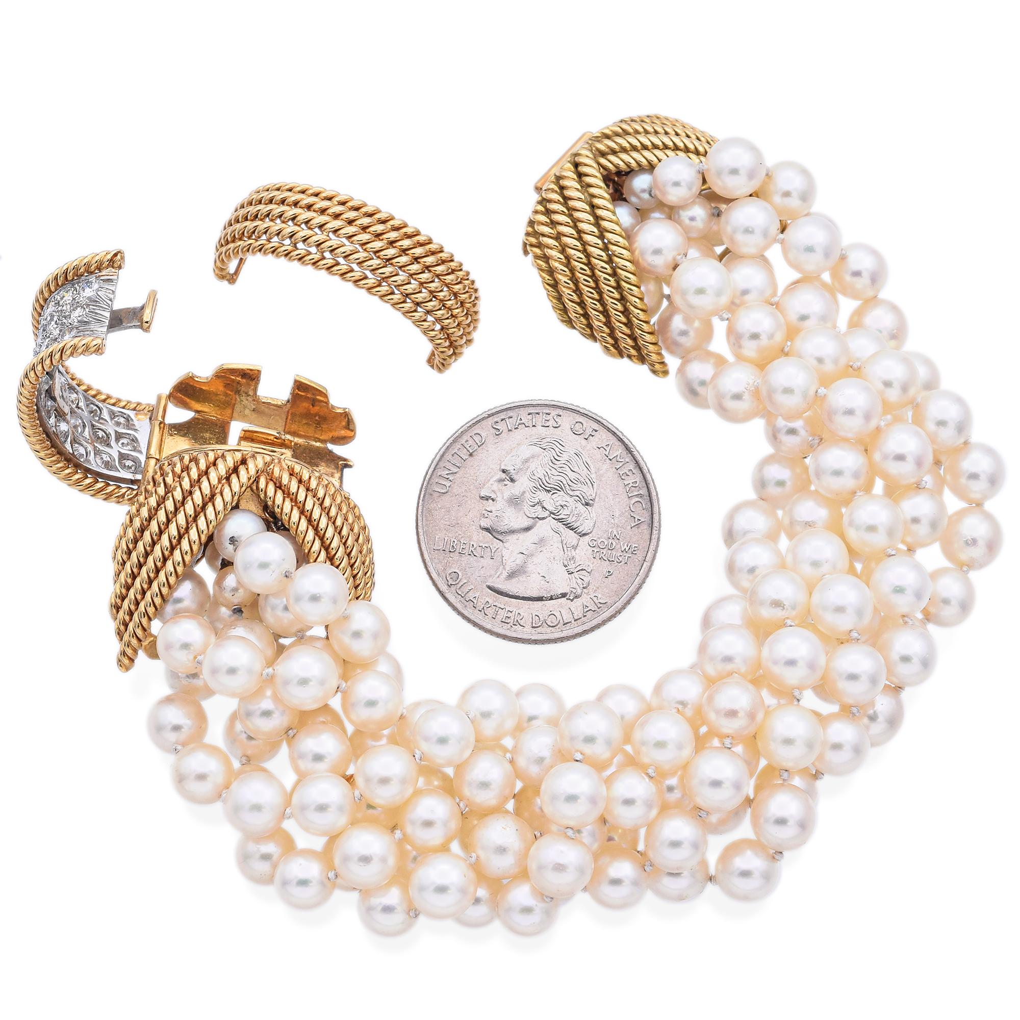 David Webb Bracelet multibrins en or jaune, platine, perles et diamants 1,50 TCW 1