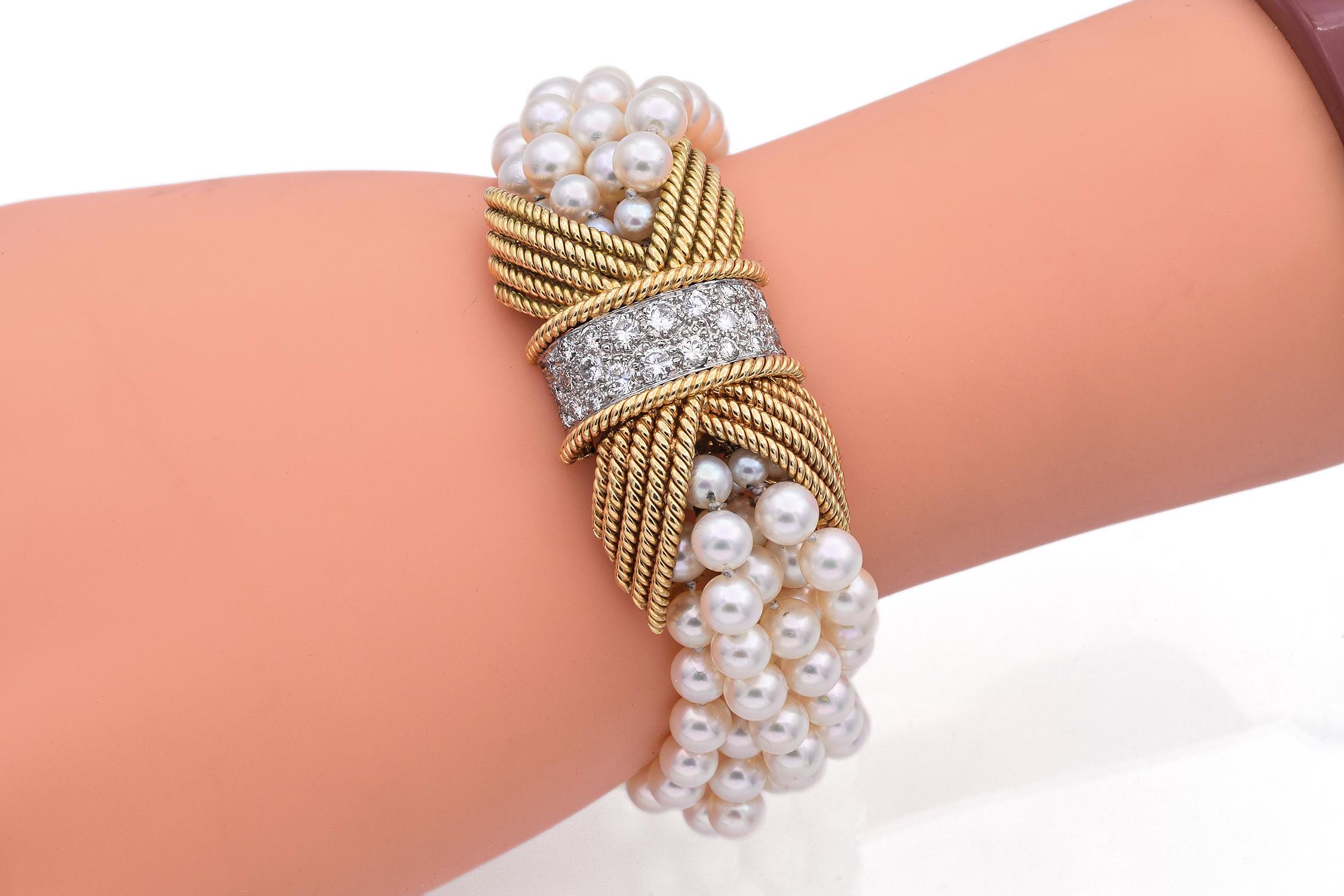 David Webb Bracelet multibrins en or jaune, platine, perles et diamants 1,50 TCW 2