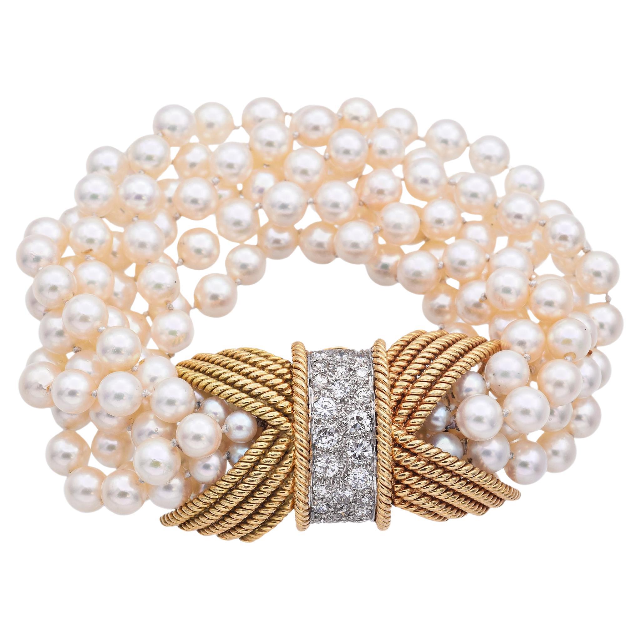David Webb Bracelet multibrins en or jaune, platine, perles et diamants 1,50 TCW
