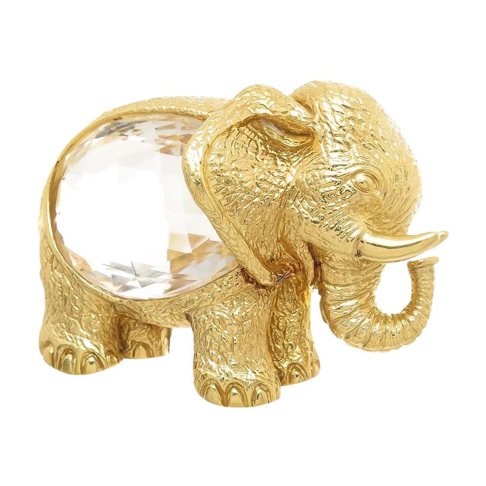 David Webb Yellow Gold Rock Crystal Elephant Brooch For Sale