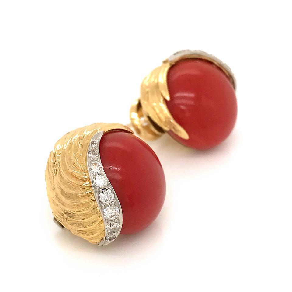 Round Cut David Webb Gold Round Coral Pave Diamond 18 Karat and Platinum Pierced Earring For Sale