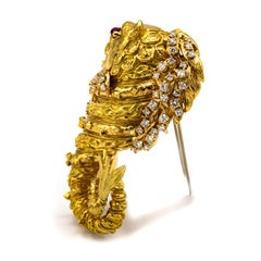 David Webb Yellow Gold Ruby and Diamond Sea Lion Dragon Brooch