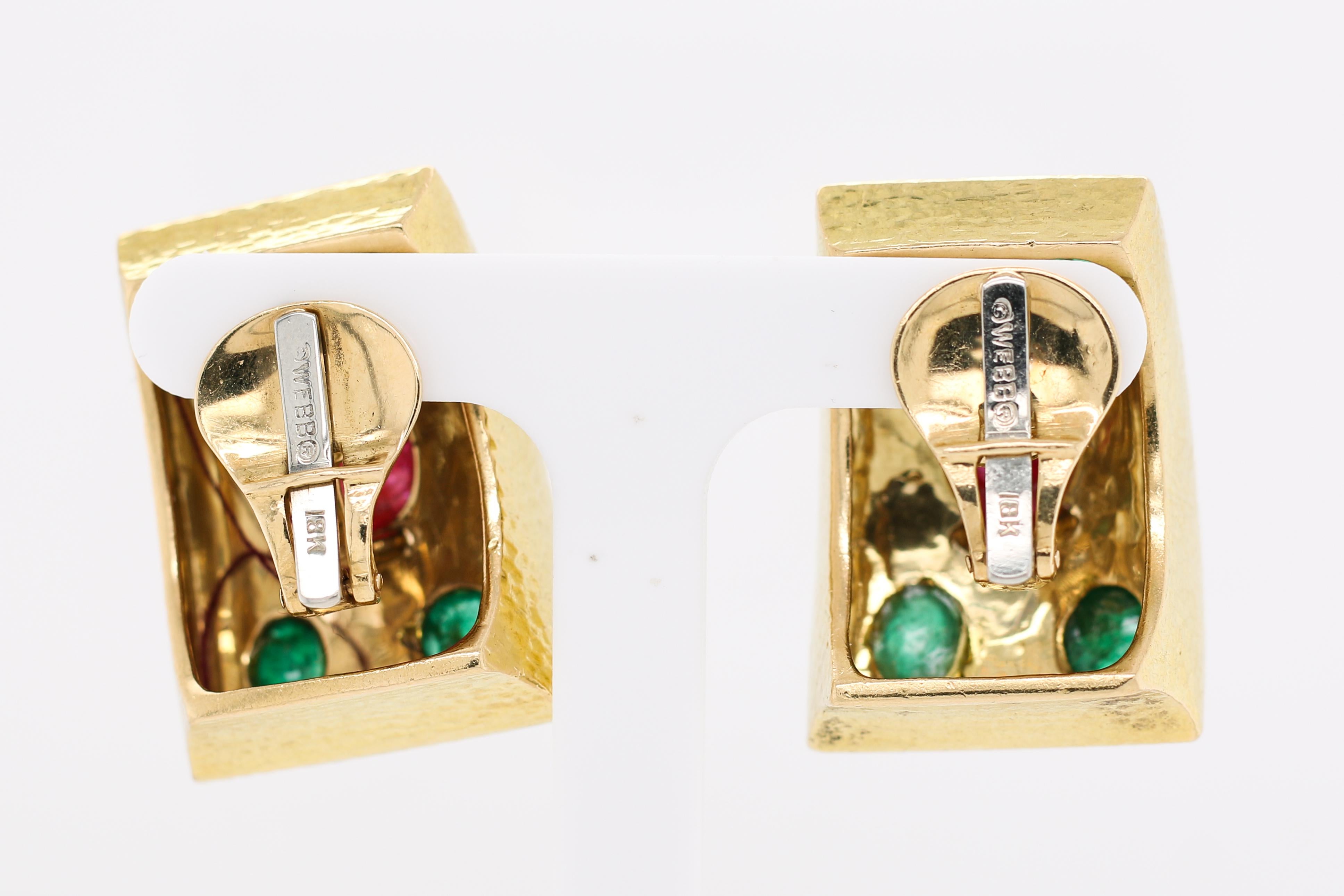 David Webb 18K Yellow Gold Ruby and Emerald Earring. The gold has a beautiful textured finish.  