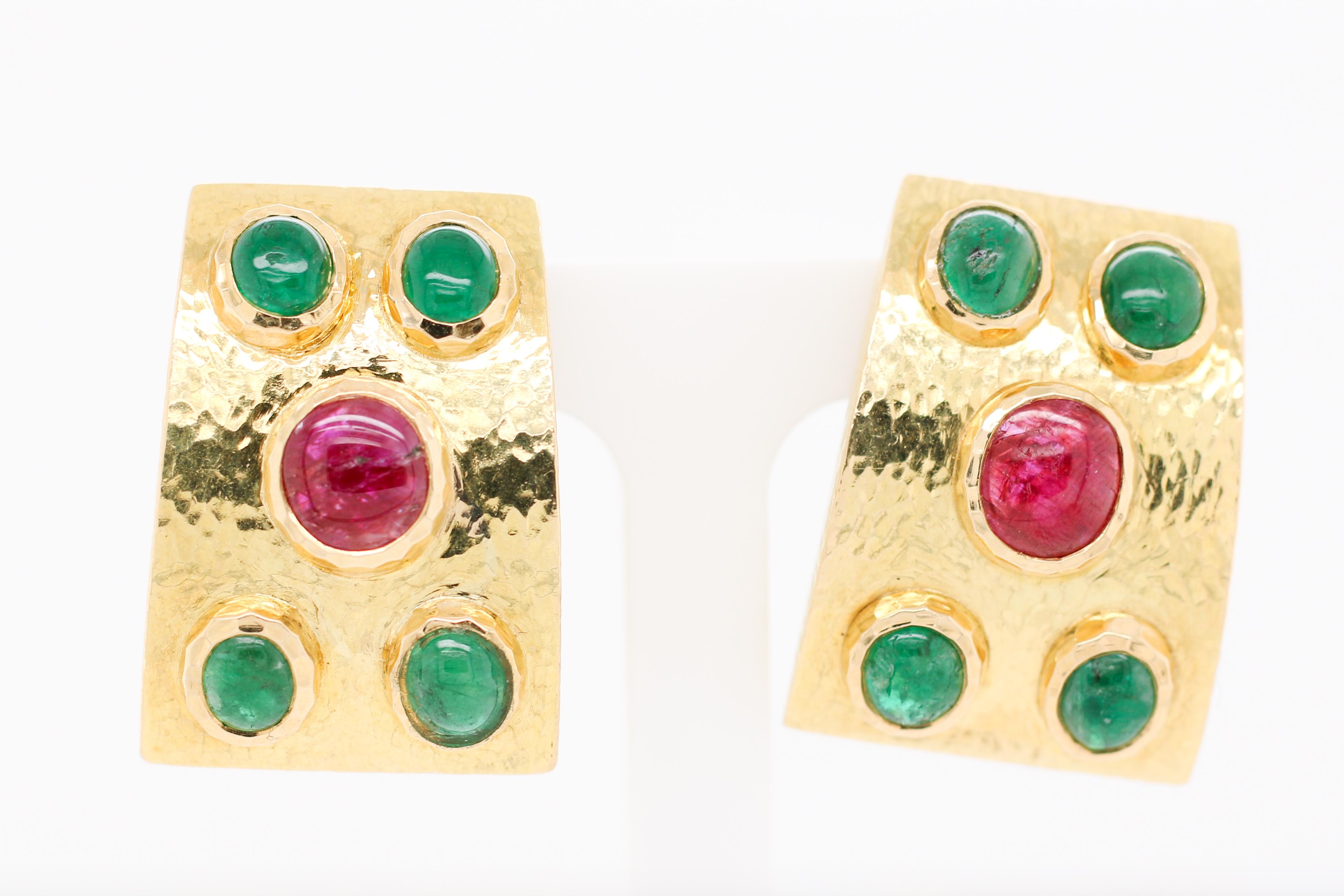 Modern David Webb Yellow Gold Ruby and Emerald Clip-On Earring