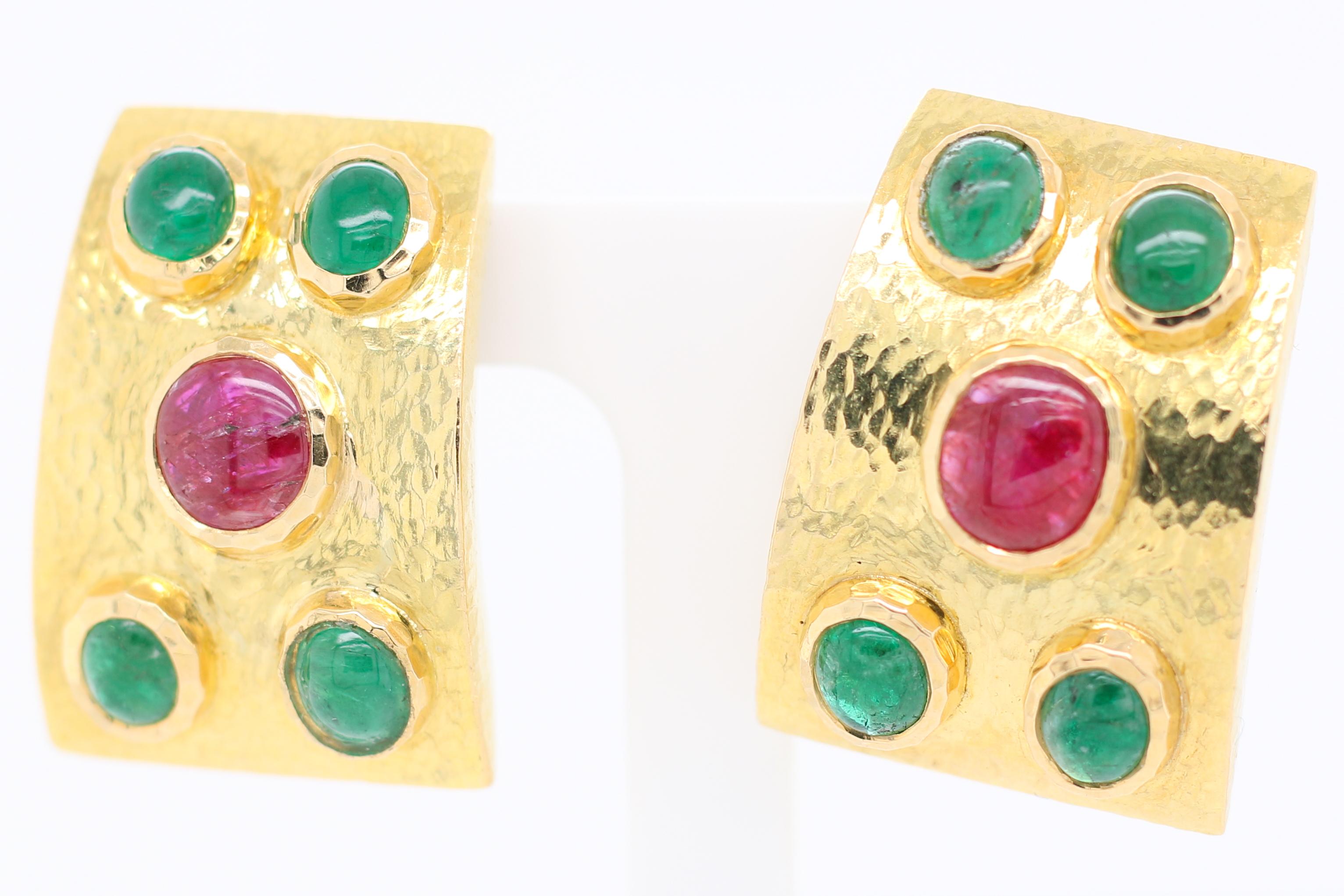 Oval Cut David Webb Yellow Gold Ruby and Emerald Clip-On Earring