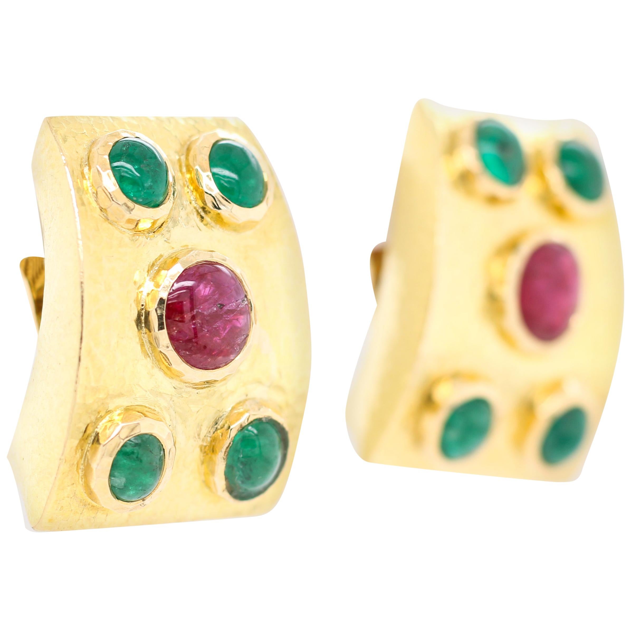 David Webb Yellow Gold Ruby and Emerald Clip-On Earring
