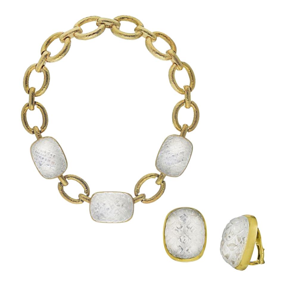 David Webb Yellow Gold Vintage 18 Karat Rock Crystal Set Earrings and Necklace
