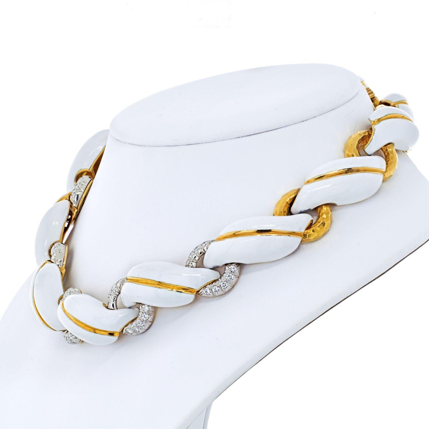 A vintage David Webb 18K yellow gold and platinum white enamel collar with round brilliant-cut diamonds in a relaxed 