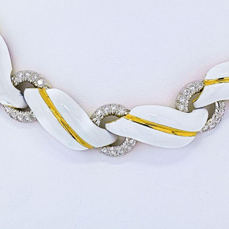 Modern David Webb Yellow Gold White Enamel and Diamond Collar Necklace
