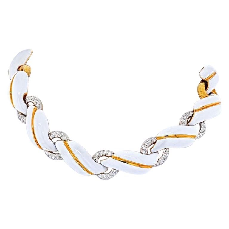 David Webb Yellow Gold White Enamel and Diamond Collar Necklace