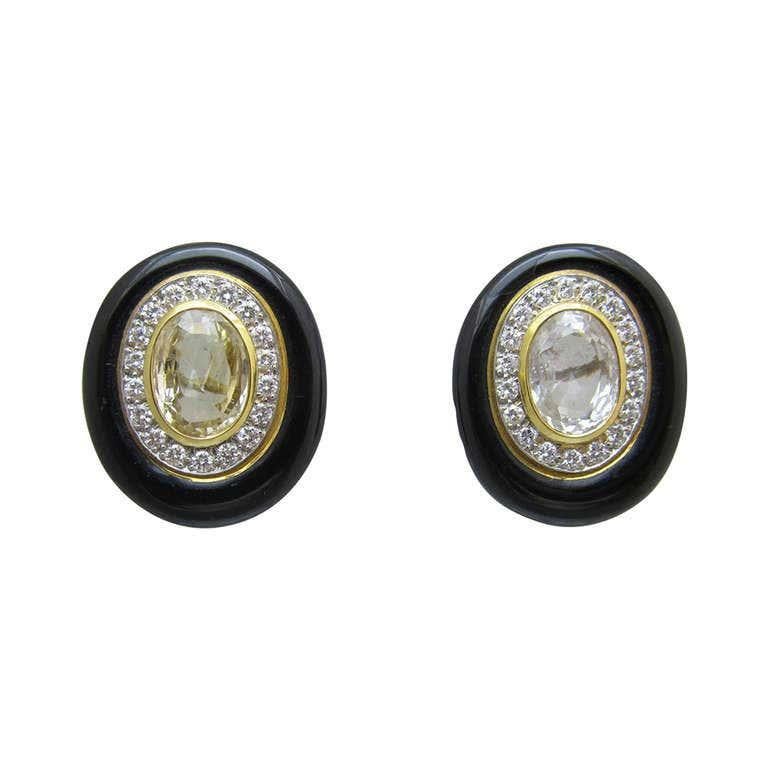 David Webb Yellow Sapphire and Black Enamel Ear Clips For Sale 1