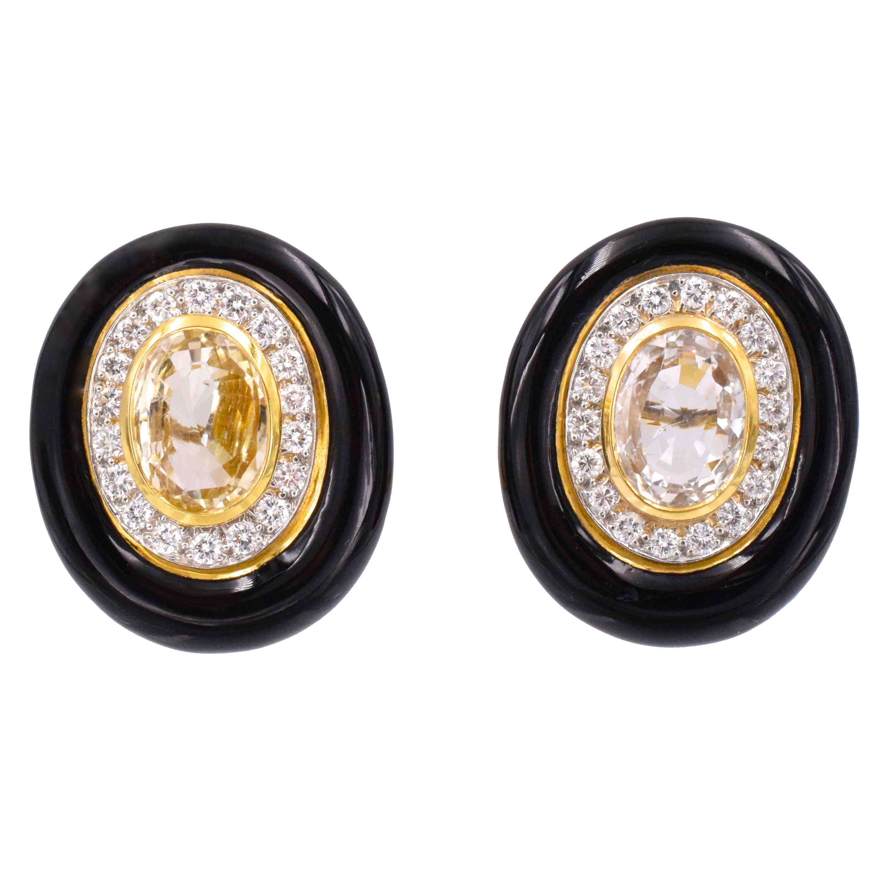 David Webb Yellow Sapphire and Black Enamel Ear Clips For Sale