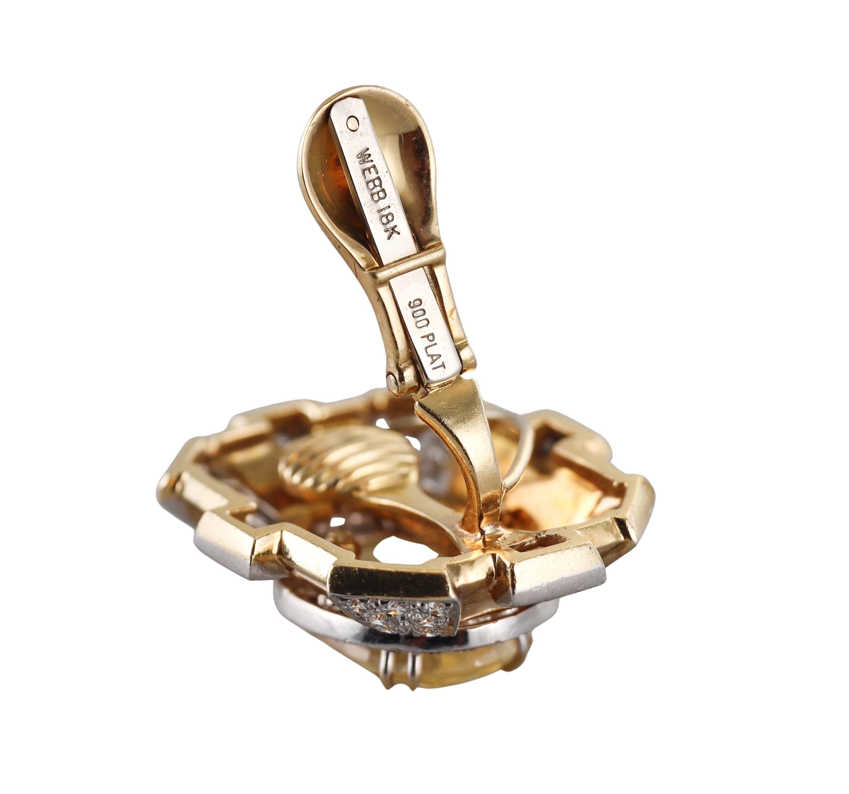 David Webb Yellow Sapphire Diamond Gold Platinum Earrings In Excellent Condition For Sale In New York, NY