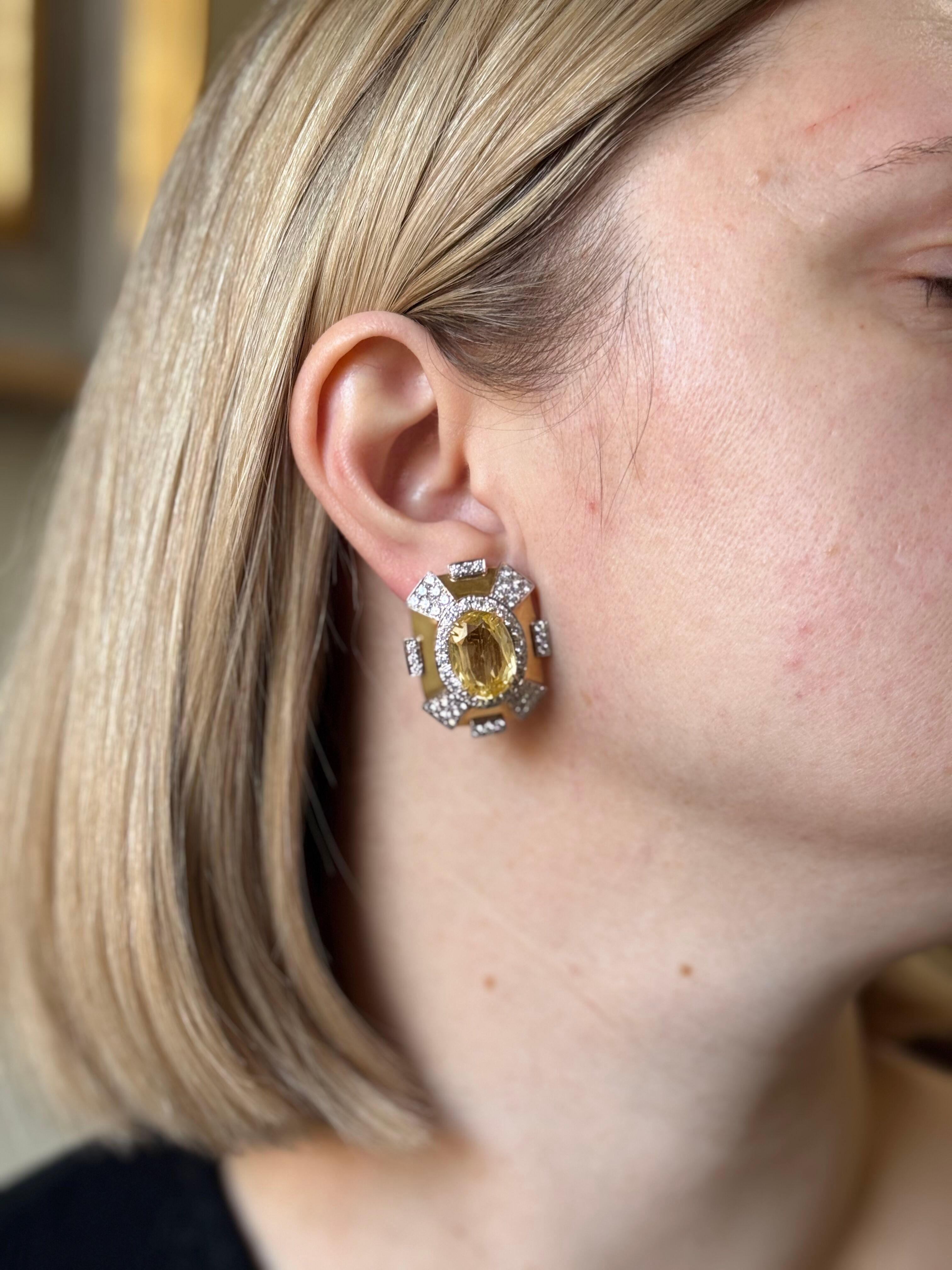 David Webb Yellow Sapphire Diamond Gold Platinum Earrings For Sale 1